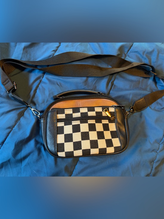 Handbags - Checkerboard Canvas Crossbody Bag in Black, Cream & Brown